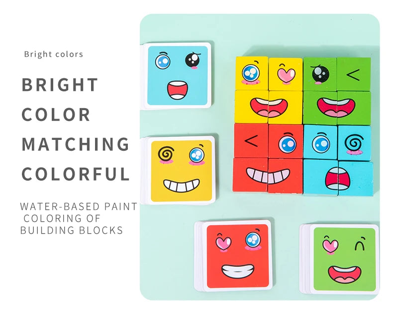 Wooden Face Changing Magic Cube Building Blocks Game Expression Matching Puzzle Learning Educational Children Kids Toys Gifts