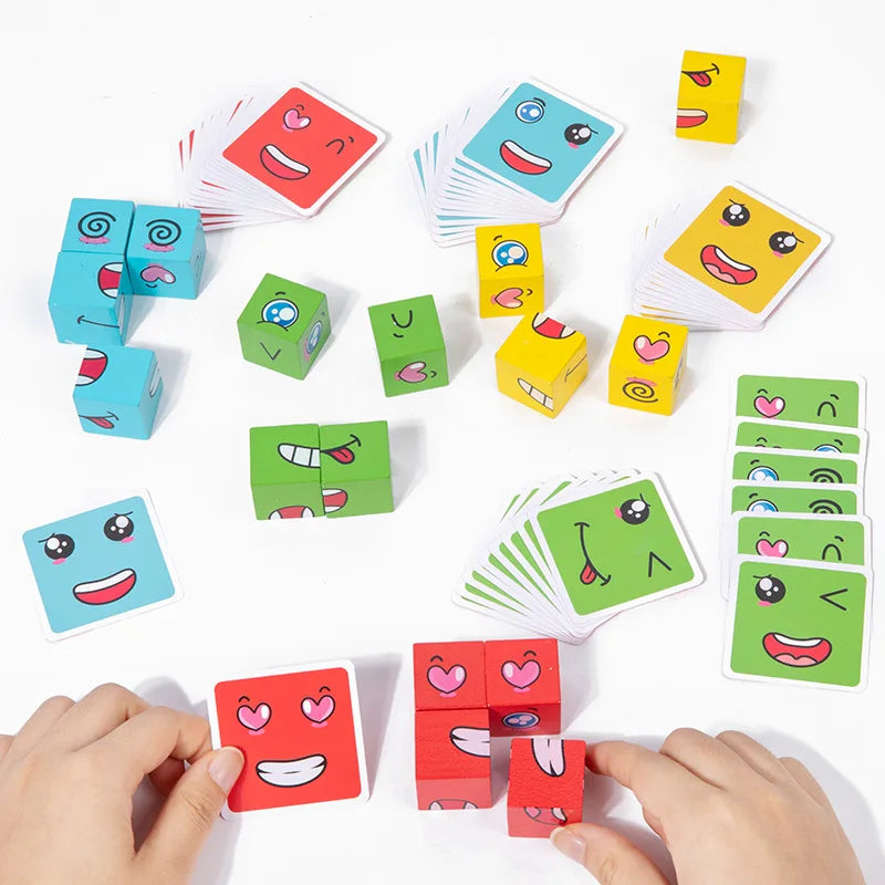 Wooden Face Changing Magic Cube Building Blocks Game Expression Matching Puzzle Learning Educational Children Kids Toys Gifts