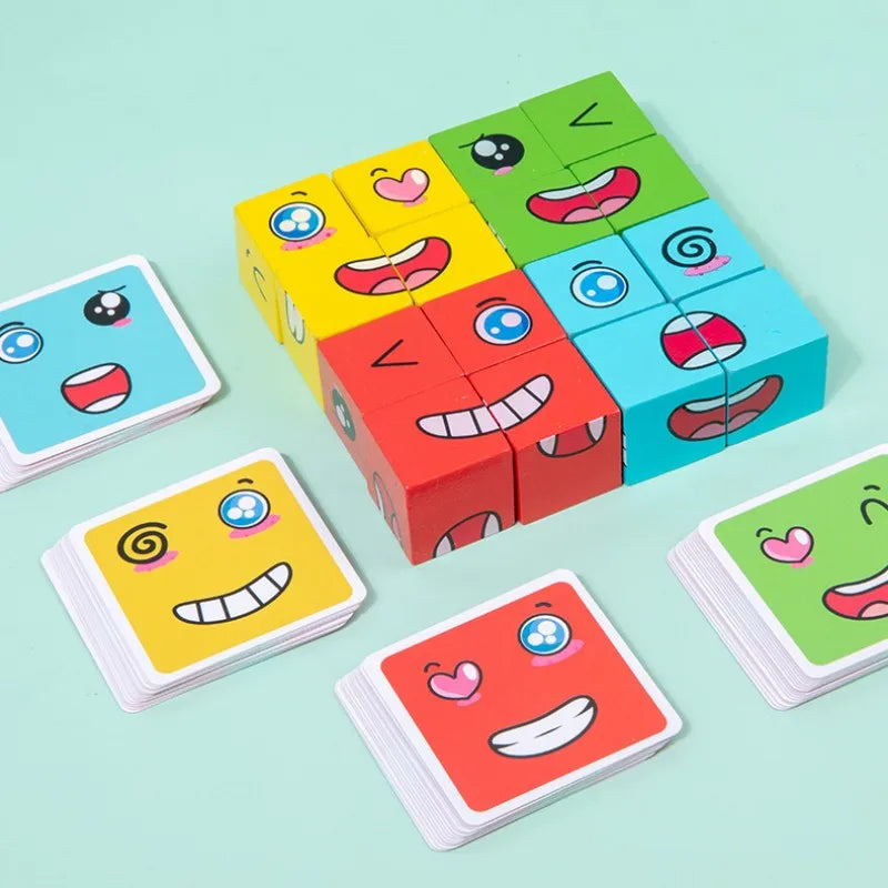 Wooden Face Changing Magic Cube Building Blocks Game Expression Matching Puzzle Learning Educational Children Kids Toys Gifts