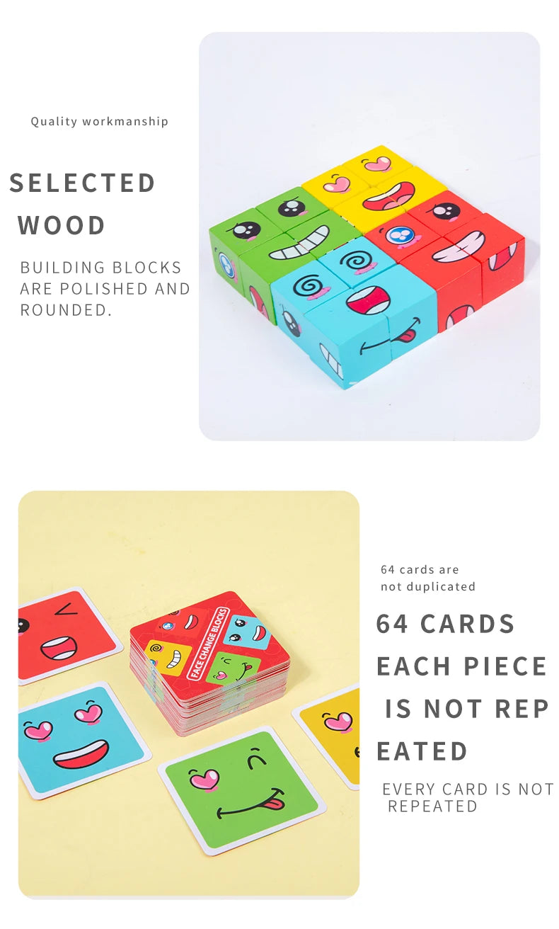 Wooden Face Changing Magic Cube Building Blocks Game Expression Matching Puzzle Learning Educational Children Kids Toys Gifts
