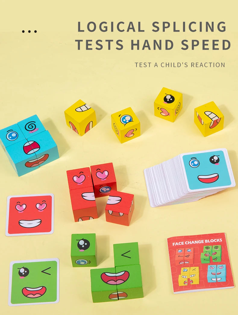 Wooden Face Changing Magic Cube Building Blocks Game Expression Matching Puzzle Learning Educational Children Kids Toys Gifts
