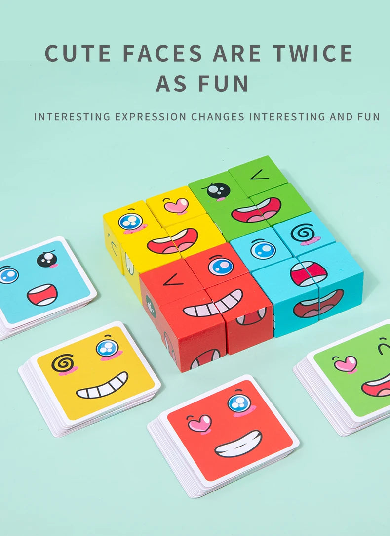 Wooden Face Changing Magic Cube Building Blocks Game Expression Matching Puzzle Learning Educational Children Kids Toys Gifts