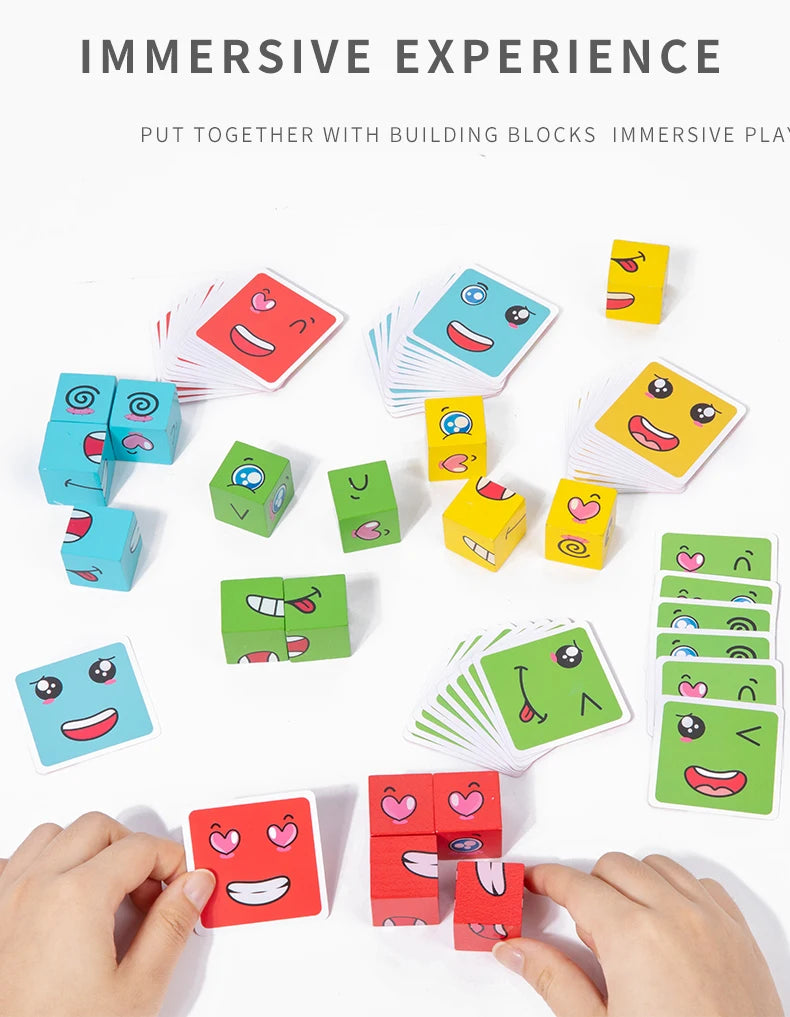 Wooden Face Changing Magic Cube Building Blocks Game Expression Matching Puzzle Learning Educational Children Kids Toys Gifts