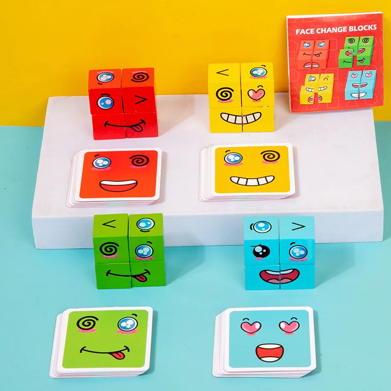 Wooden Face Changing Magic Cube Building Blocks Game Expression Matching Puzzle Learning Educational Children Kids Toys Gifts