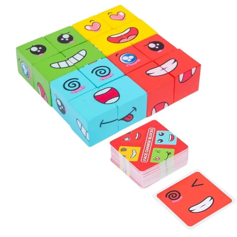Wooden Face Changing Magic Cube Building Blocks Game Expression Matching Puzzle Learning Educational Children Kids Toys Gifts