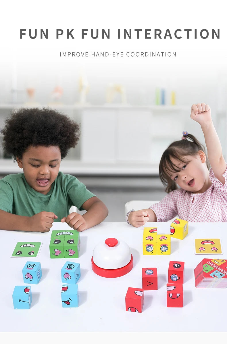 Wooden Face Changing Magic Cube Building Blocks Game Expression Matching Puzzle Learning Educational Children Kids Toys Gifts