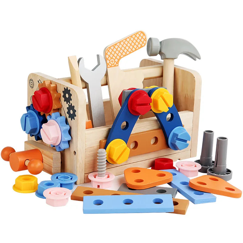 Wooden Toolbox Pretend Play Set Montessori Children Toy For Boys Nut Disassembly Screw Assembly Simulation Repair Carpenter Tool