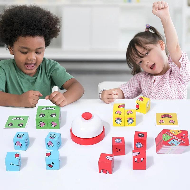 Wooden Face Changing Magic Cube Building Blocks Game Expression Matching Puzzle Learning Educational Children Kids Toys Gifts