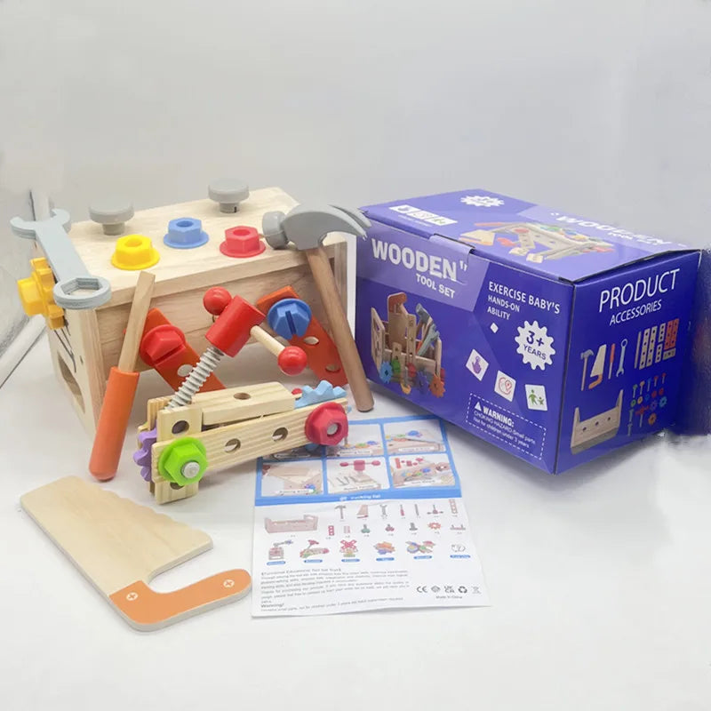 Wooden Toolbox Pretend Play Set Montessori Children Toy For Boys Nut Disassembly Screw Assembly Simulation Repair Carpenter Tool