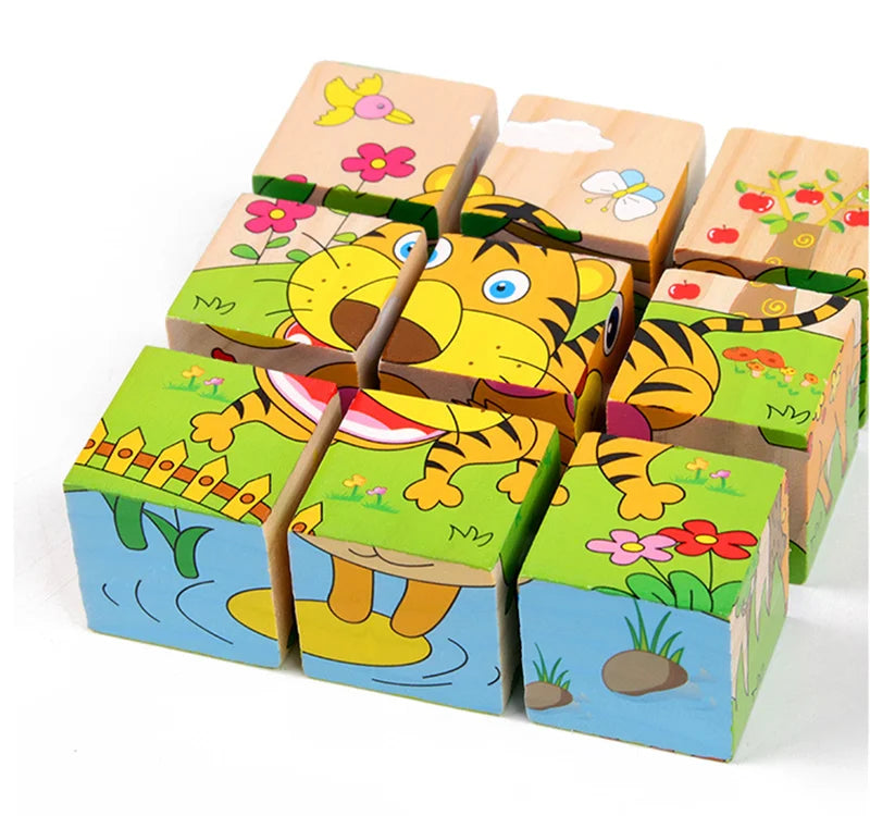 9 Pcs Six-sided 3D Cubes Jigsaw Puzzles Wooden Blocks Toys For Children Kids Educational Toys Funny Games