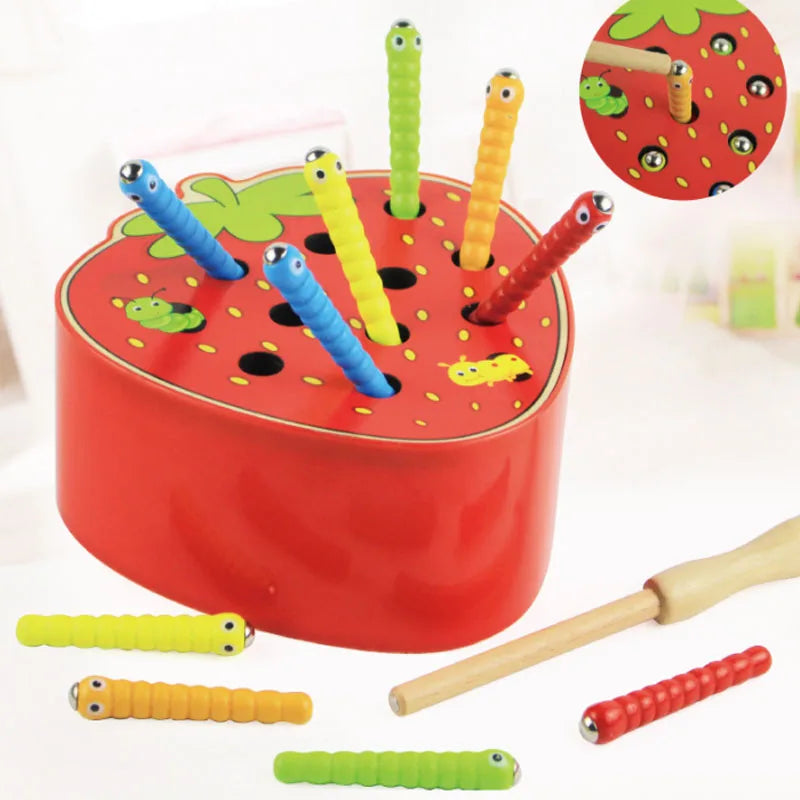Magnet Strawberry Catch Worms Board Fishing Game for kids Magnetic Catching Caterpillar Montessori Educational Toys Baby Gift