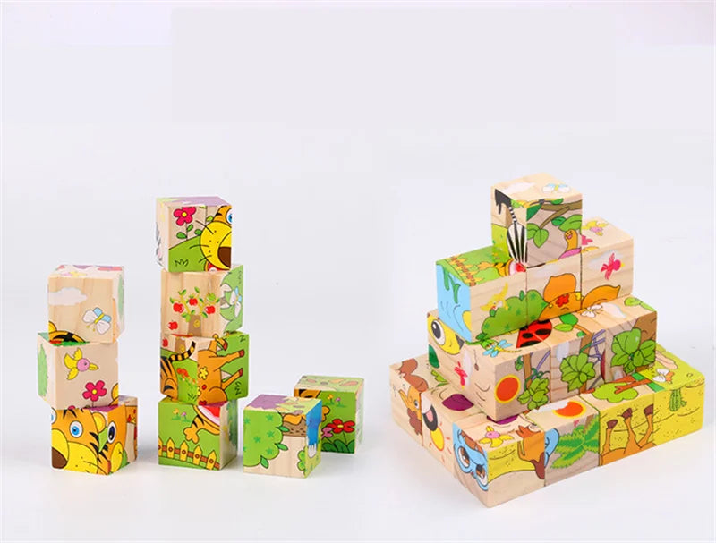 9 Pcs Six-sided 3D Cubes Jigsaw Puzzles Wooden Blocks Toys For Children Kids Educational Toys Funny Games