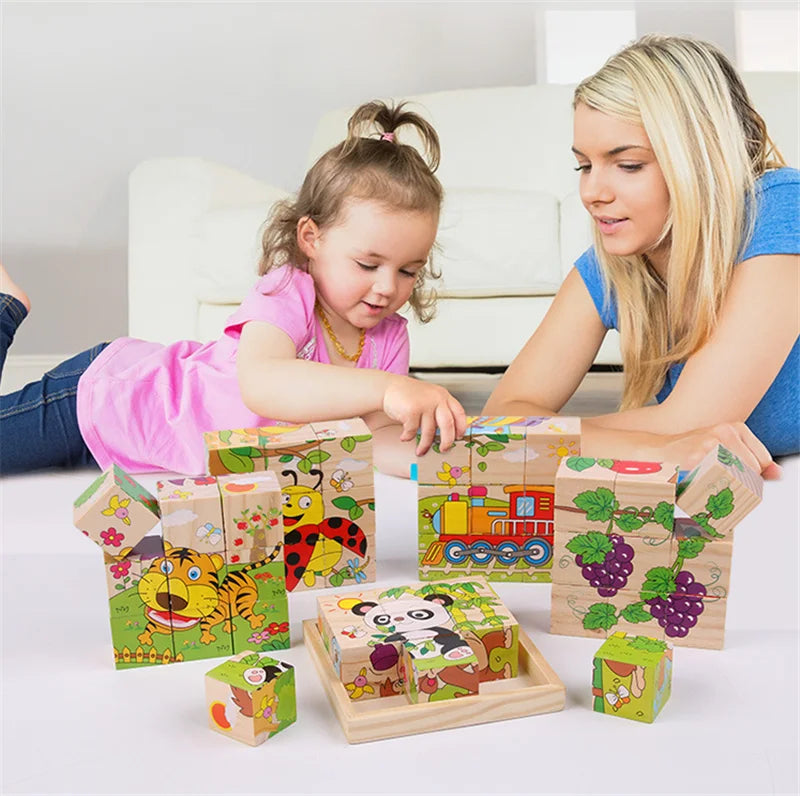 9 Pcs Six-sided 3D Cubes Jigsaw Puzzles Wooden Blocks Toys For Children Kids Educational Toys Funny Games