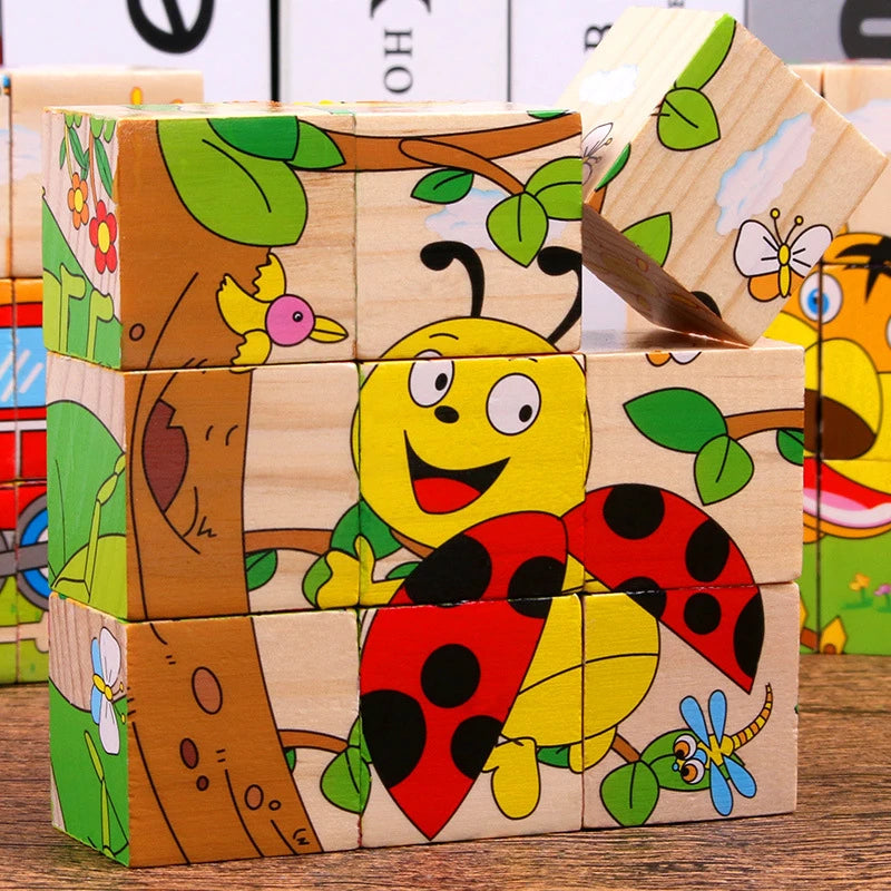 9 Pcs Six-sided 3D Cubes Jigsaw Puzzles Wooden Blocks Toys For Children Kids Educational Toys Funny Games