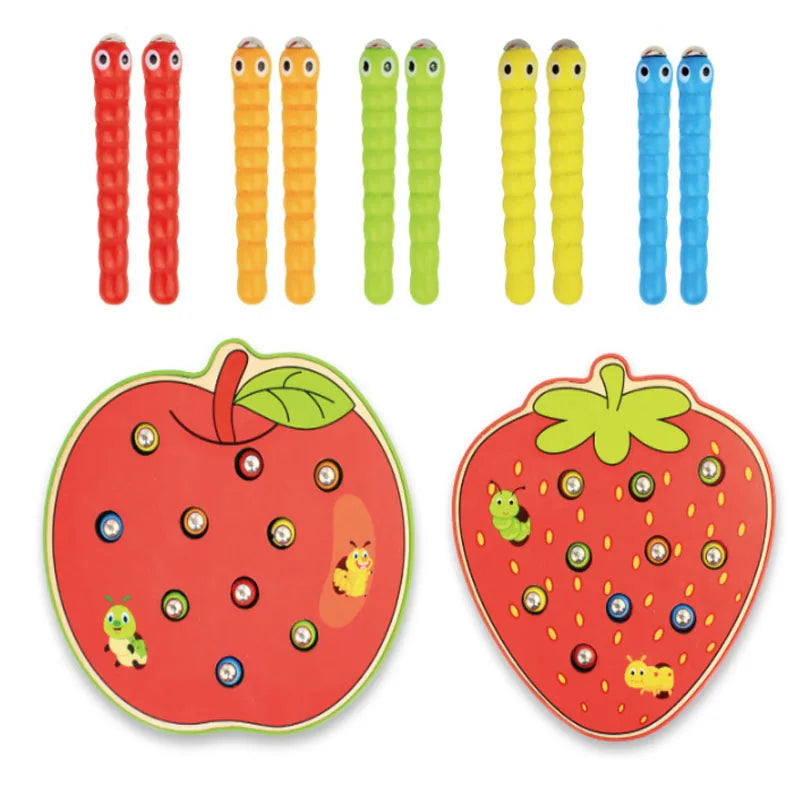 Magnet Strawberry Catch Worms Board Fishing Game for kids Magnetic Catching Caterpillar Montessori Educational Toys Baby Gift