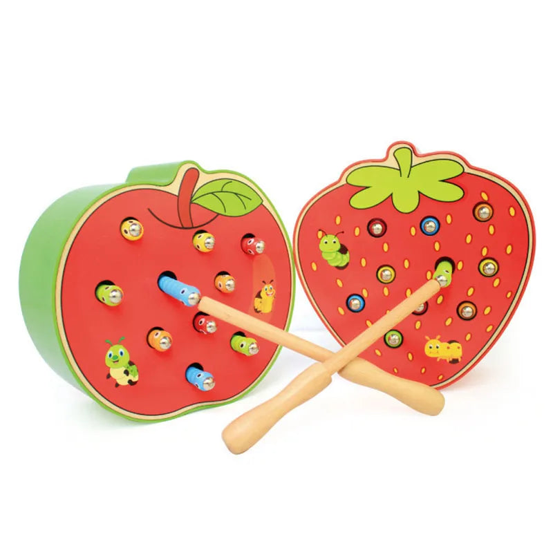 Magnet Strawberry Catch Worms Board Fishing Game for kids Magnetic Catching Caterpillar Montessori Educational Toys Baby Gift