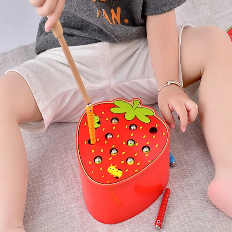 Magnet Strawberry Catch Worms Board Fishing Game for kids Magnetic Catching Caterpillar Montessori Educational Toys Baby Gift