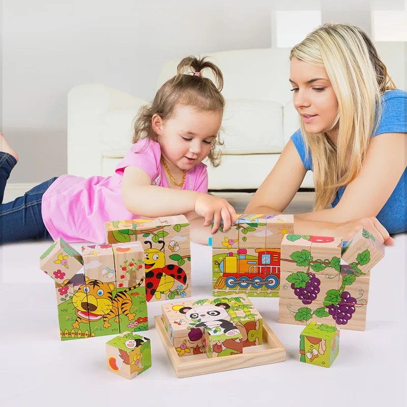 9 Pcs Six-sided 3D Cubes Jigsaw Puzzles Wooden Blocks Toys For Children Kids Educational Toys Funny Games