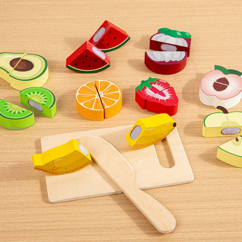 Wooden Montessori Simulation Kitchen Pretend Toy Kid Classic Game Education Cutting Fruit Food Velcro Set Housework Gift