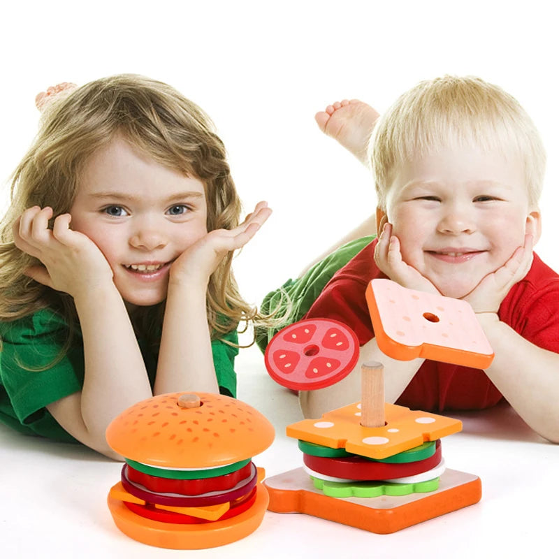 Kids Montessori Wooden Hamburg Sandwich Stacking Toy DIY Pretend Play Color Pairing Puzzle Food Play House Early Education Toy