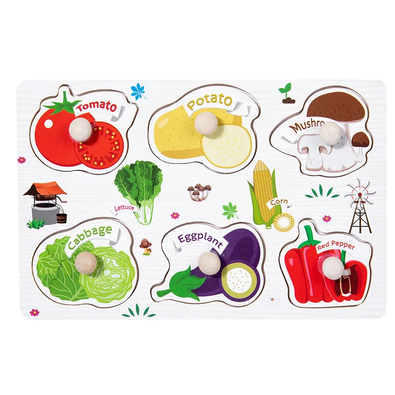 Montessori Toys Puzzle Wooden Hand Grab Board Early Educational Tangram Jigsaw Cartoon Animals Fruits 3D Puzzles