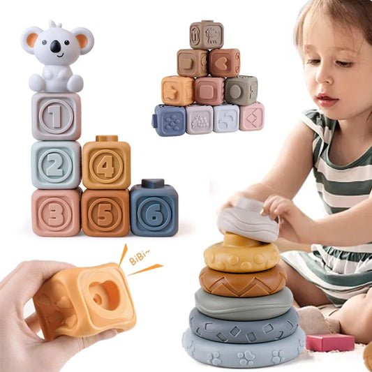 Baby Montessori Silicone Building Blocks Koala Squeeze Stacker & Teething Toys Intellectual Enlightenment Early 3D Puzzle Toys