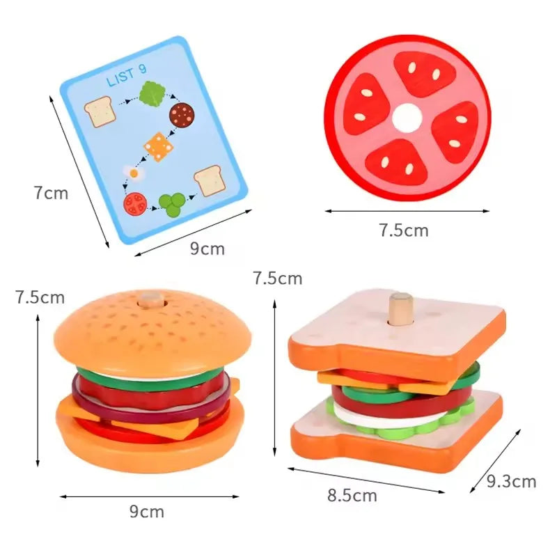 Kids Montessori Wooden Hamburg Sandwich Stacking Toy DIY Pretend Play Color Pairing Puzzle Food Play House Early Education Toy