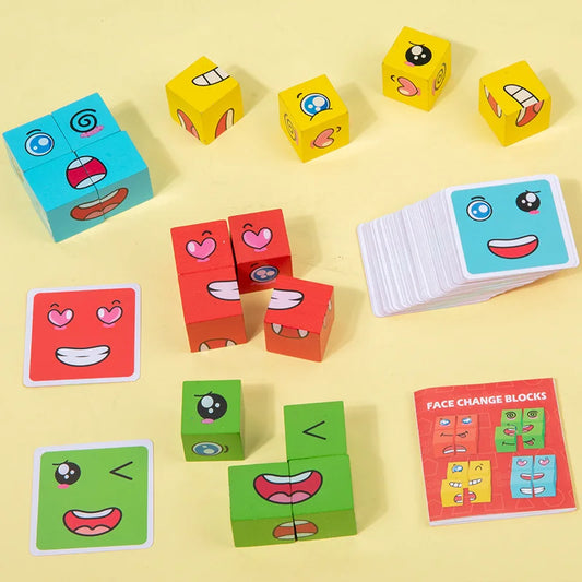 Wooden Face Changing Magic Cube Building Blocks Game Expression Matching Puzzle Learning Educational Children Kids Toys Gifts