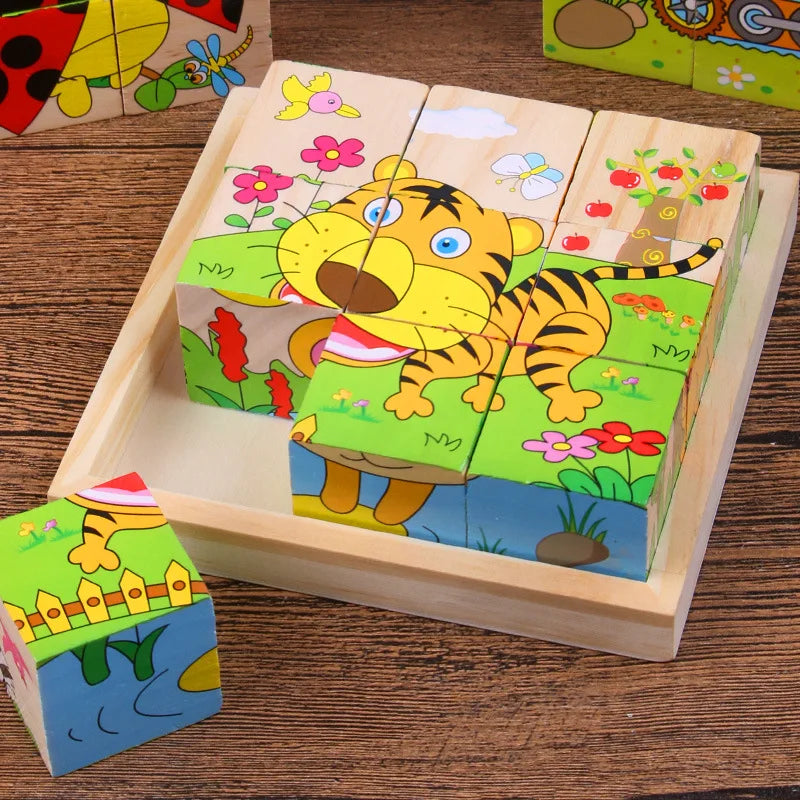 9 Pcs Six-sided 3D Cubes Jigsaw Puzzles Wooden Blocks Toys For Children Kids Educational Toys Funny Games