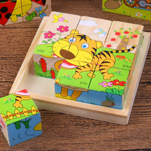 9 Pcs Six-sided 3D Cubes Jigsaw Puzzles Wooden Blocks Toys For Children Kids Educational Toys Funny Games