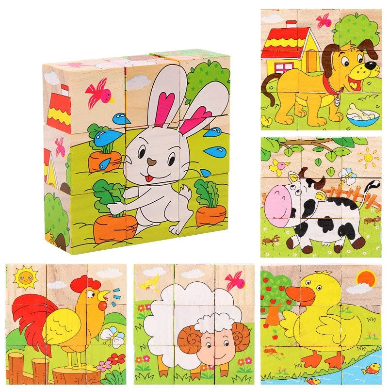 9 Pcs Six-sided 3D Cubes Jigsaw Puzzles Wooden Blocks Toys For Children Kids Educational Toys Funny Games