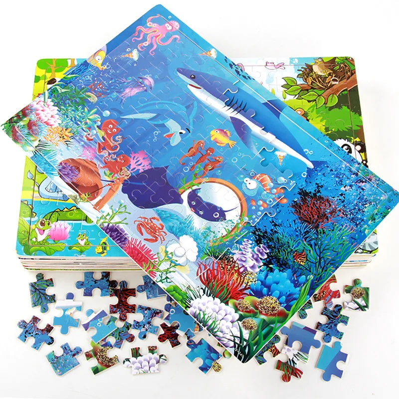 100pcs Cartoon Animal Wooden Puzzles Farm Dinosaur Jıgsaw Puzzle Baby Early Education Montessori Toys for Kids Gifts