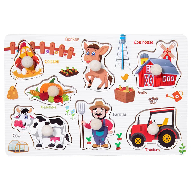 Montessori Toys Puzzle Wooden Hand Grab Board Early Educational Tangram Jigsaw Cartoon Animals Fruits 3D Puzzles