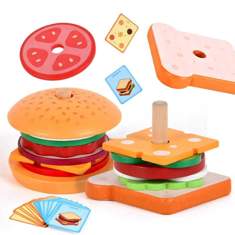 Kids Montessori Wooden Hamburg Sandwich Stacking Toy DIY Pretend Play Color Pairing Puzzle Food Play House Early Education Toy