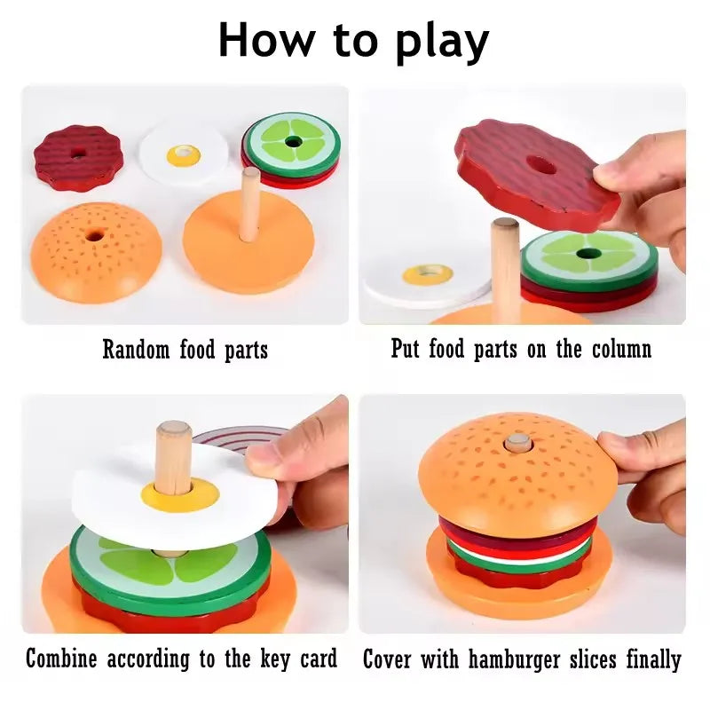 Kids Montessori Wooden Hamburg Sandwich Stacking Toy DIY Pretend Play Color Pairing Puzzle Food Play House Early Education Toy