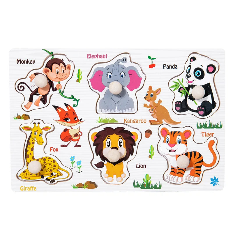Montessori Toys Puzzle Wooden Hand Grab Board Early Educational Tangram Jigsaw Cartoon Animals Fruits 3D Puzzles