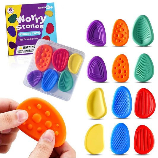 6Pcs Fidget Stress Toys Adults Sensory Silicone Stone Textured for Autism Kids Calming Down Social Emotional Relief Toy