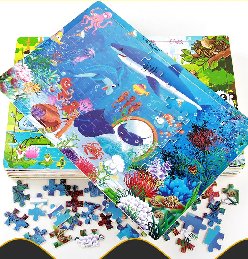 100pcs Cartoon Animal Wooden Puzzles Farm Dinosaur Jıgsaw Puzzle Baby Early Education Montessori Toys for Kids Gifts