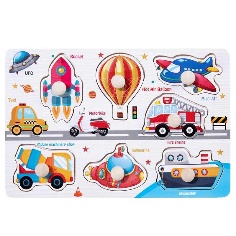 Montessori Toys Puzzle Wooden Hand Grab Board Early Educational Tangram Jigsaw Cartoon Animals Fruits 3D Puzzles
