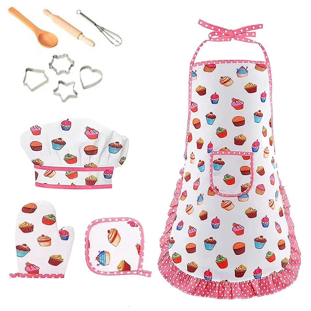 Apron for Little Girls Kids Cooking Baking Set Chef Hat Mitt & Utensil for Toddler Play House Toys Chef Costume Role Play