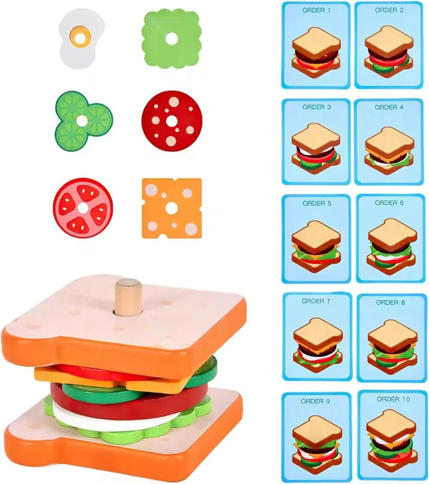 Kids Montessori Wooden Hamburg Sandwich Stacking Toy DIY Pretend Play Color Pairing Puzzle Food Play House Early Education Toy