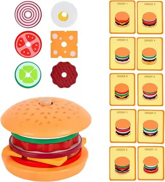 Kids Montessori Wooden Hamburg Sandwich Stacking Toy DIY Pretend Play Color Pairing Puzzle Food Play House Early Education Toy