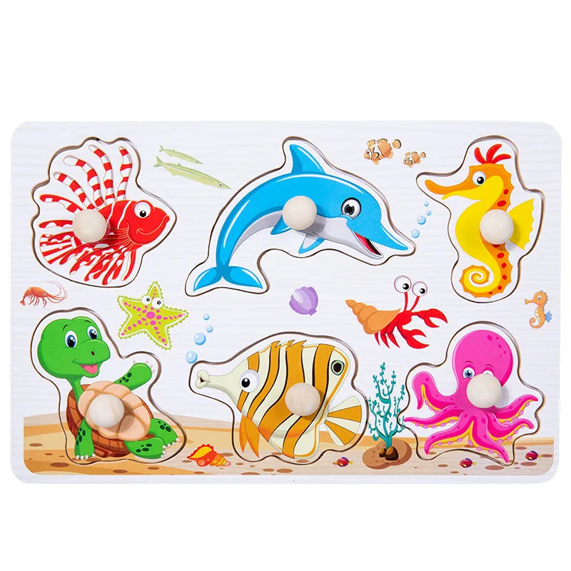 Montessori Toys Puzzle Wooden Hand Grab Board Early Educational Tangram Jigsaw Cartoon Animals Fruits 3D Puzzles