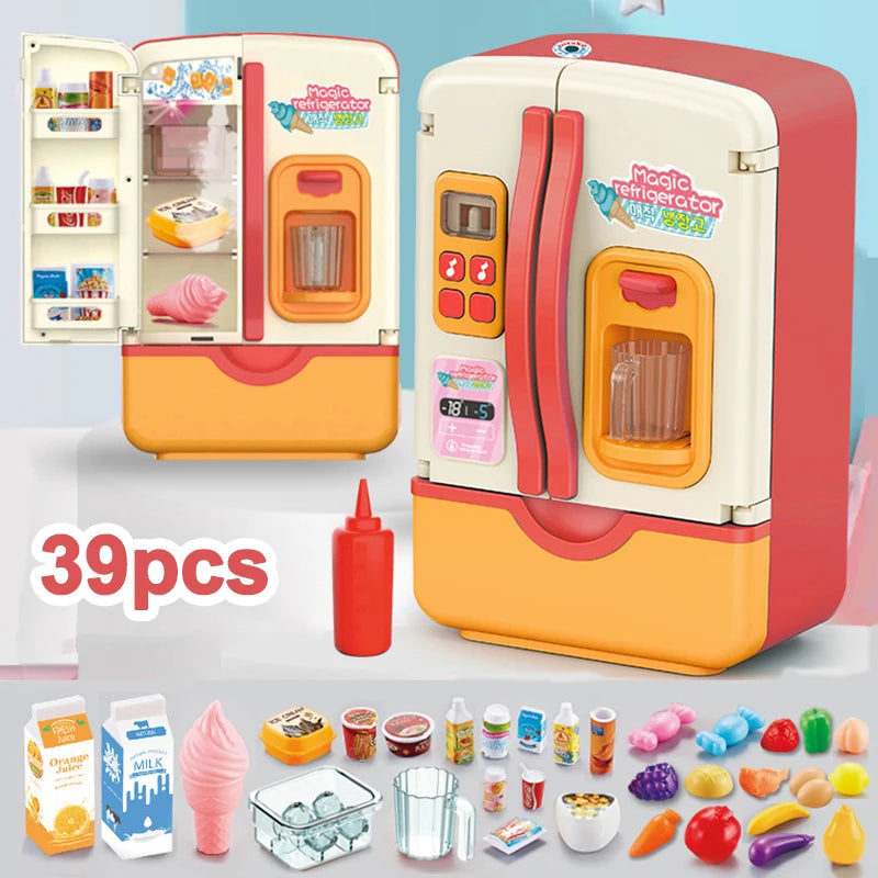 Kids Mini Electric Double Door Refrigerator Simulated Play Pretend Make Food Kitchen Cook Role Toys Boys Girls Gift Accessories