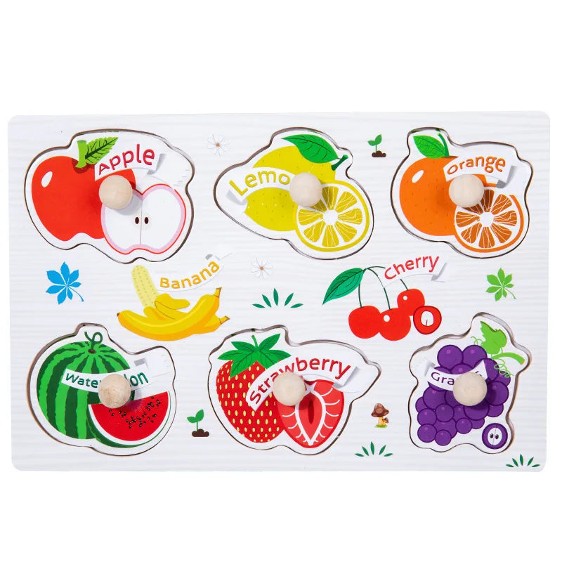 Montessori Toys Puzzle Wooden Hand Grab Board Early Educational Tangram Jigsaw Cartoon Animals Fruits 3D Puzzles