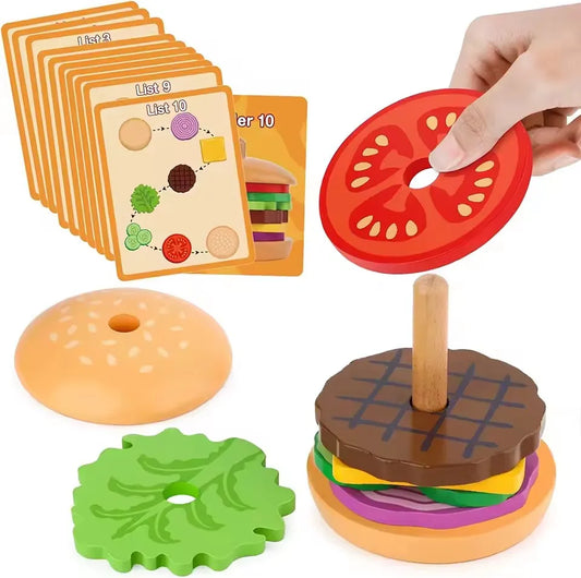 Kids Montessori Wooden Hamburg Sandwich Stacking Toy DIY Pretend Play Color Pairing Puzzle Food Play House Early Education Toy