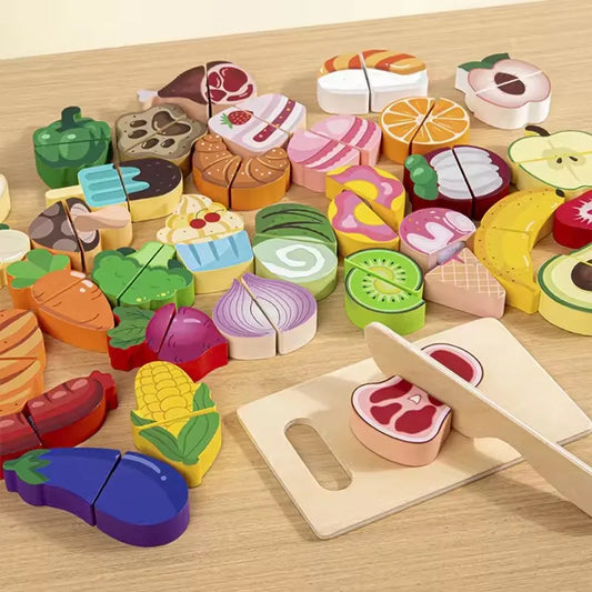 Wooden Montessori Simulation Kitchen Pretend Toy Kid Classic Game Education Cutting Fruit Food Velcro Set Housework Gift
