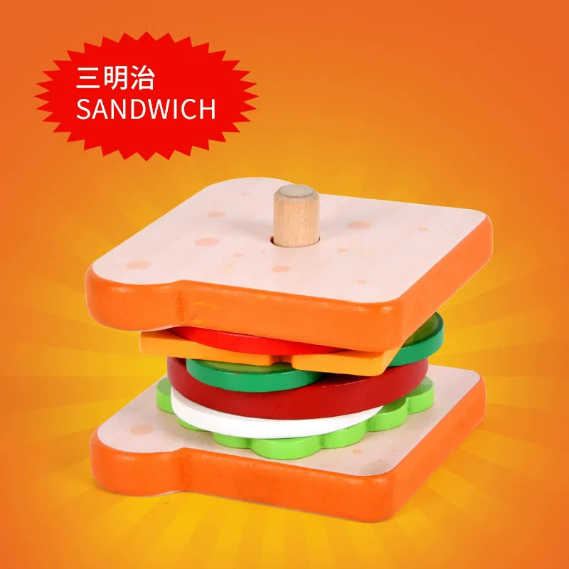 Kids Montessori Wooden Hamburg Sandwich Stacking Toy DIY Pretend Play Color Pairing Puzzle Food Play House Early Education Toy