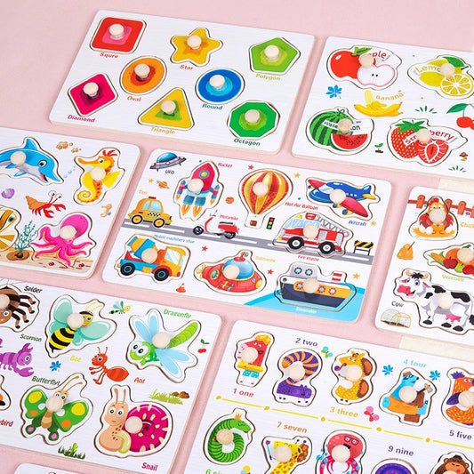Montessori Toys Puzzle Wooden Hand Grab Board Early Educational Tangram Jigsaw Cartoon Animals Fruits 3D Puzzles