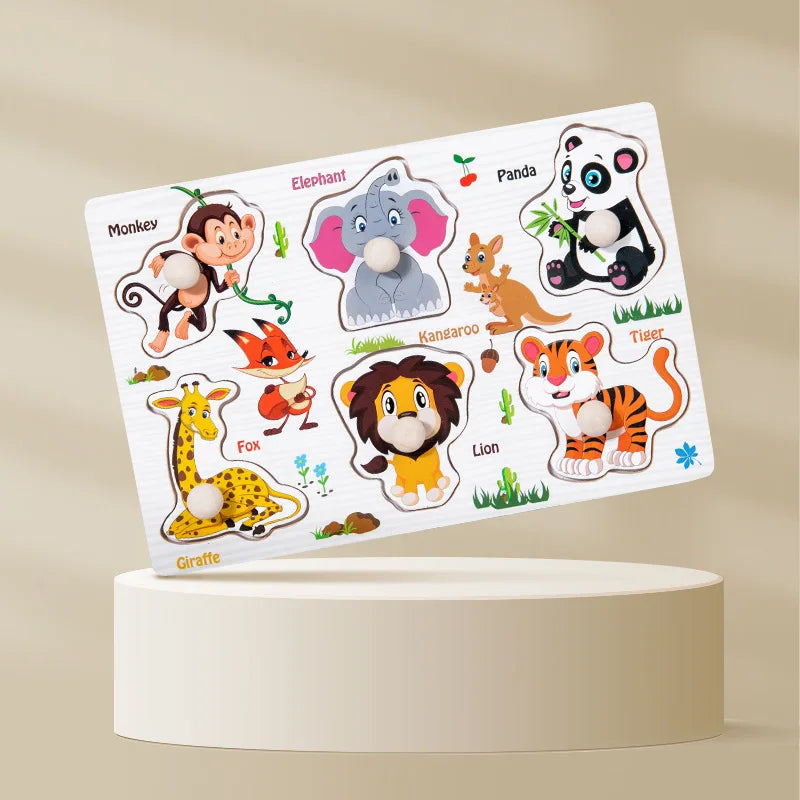 Montessori Toys Puzzle Wooden Hand Grab Board Early Educational Tangram Jigsaw Cartoon Animals Fruits 3D Puzzles